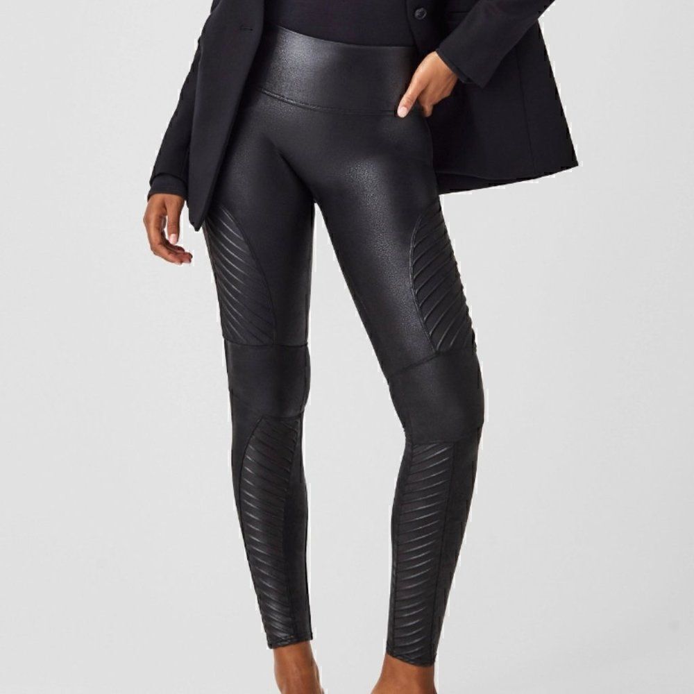 Spanx Faux Leather Moto Leggings Very Black Size XS Womens High Waist Shaping